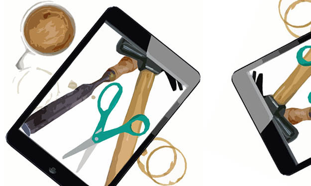 Bild på sax, trämejsel och hammare på iPad.