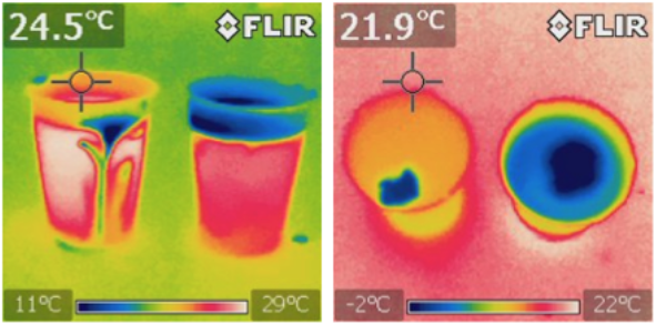 Bilder på muggar vid olika temperaturer.