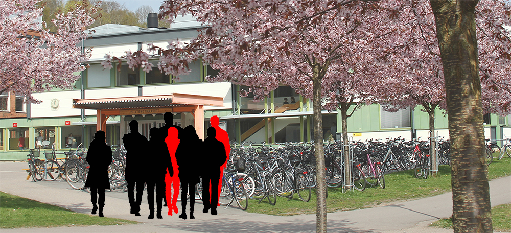Två röda och sex svarta silhuetter framför en skola.